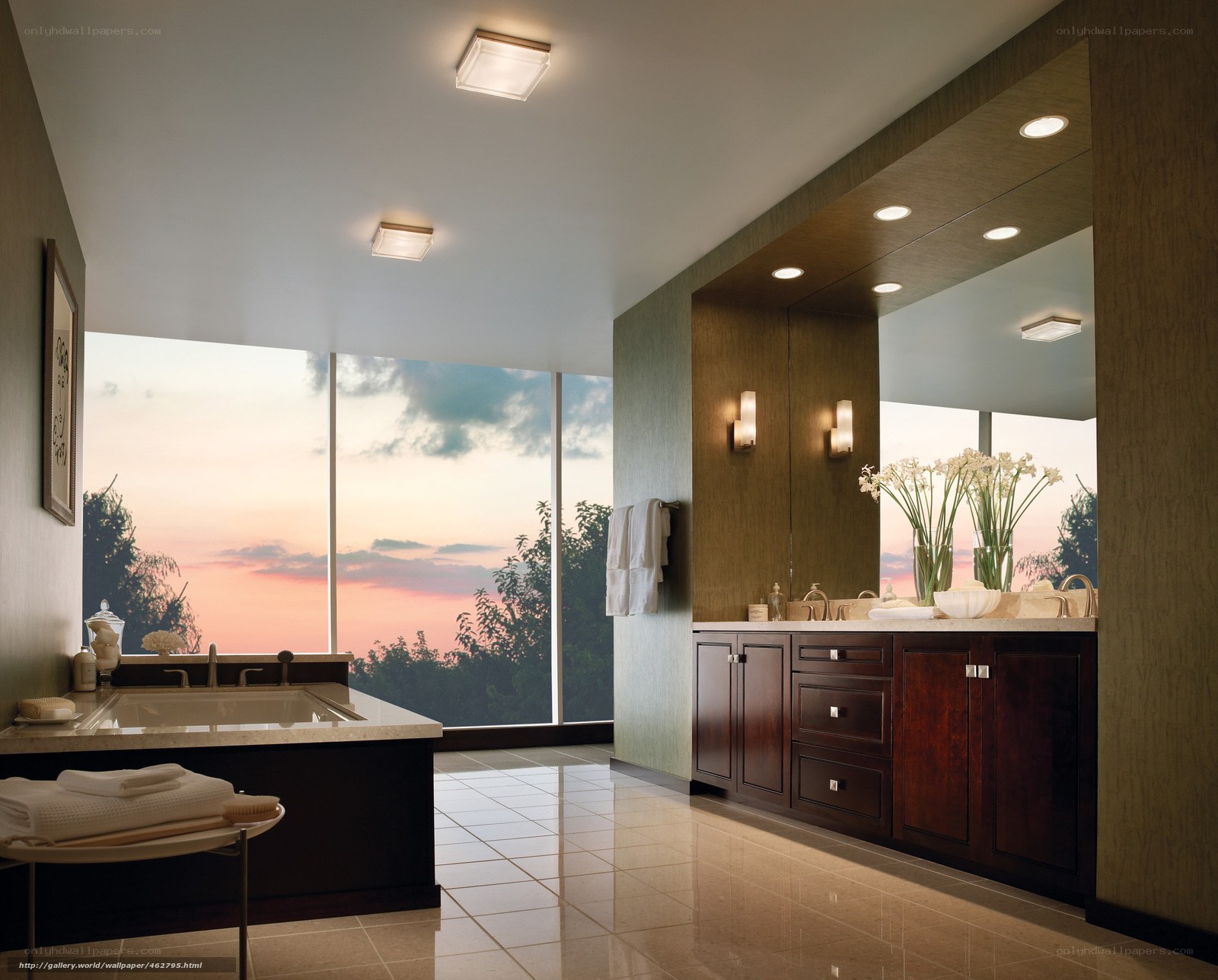 Modern bathroom with sunset view
