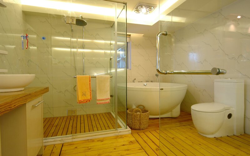 Modern bathroom with wooden floor