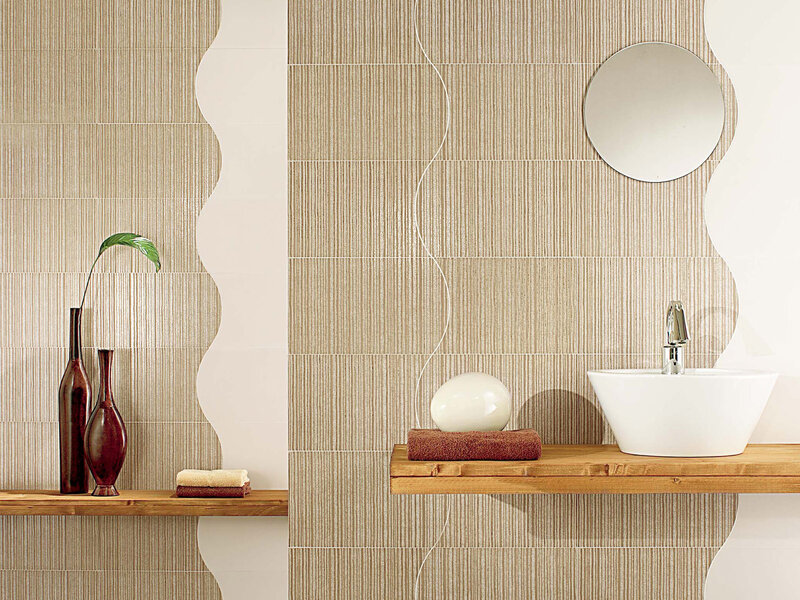 modern bathroom with wooden shelf