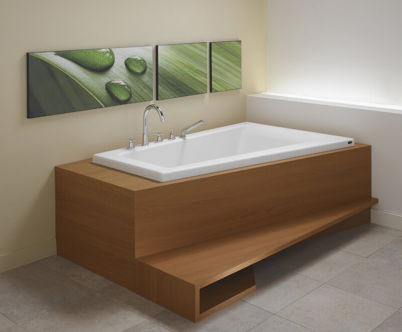 modern bathtub with wooden surround