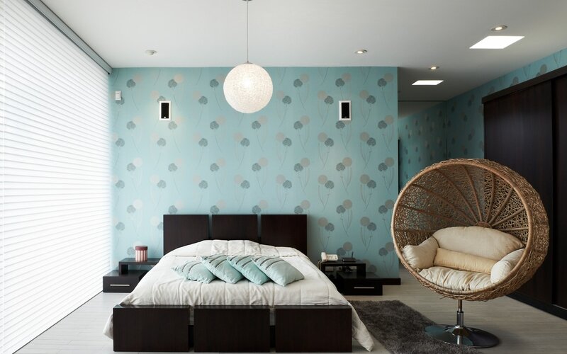 Modern Bedroom Interior — Blue, Calm, Photograph