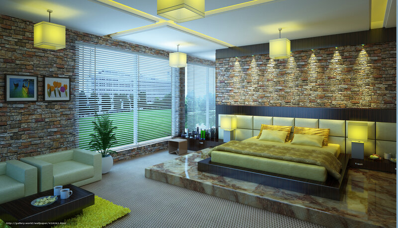 Modern Bedroom Interior — Green, Calm, 3d Render, Bed, Sofa