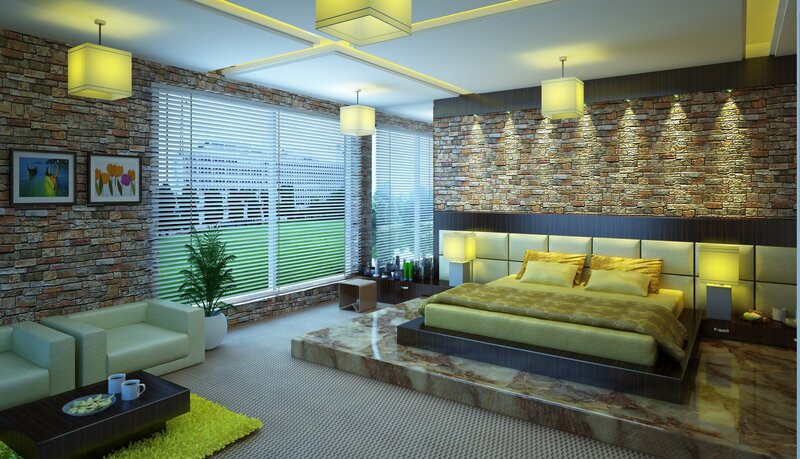 Modern Bedroom Interior — Green, Calm, Night