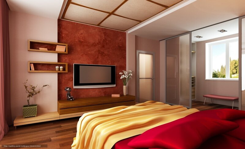 Modern Bedroom Interior — Red, Calm, Afternoon