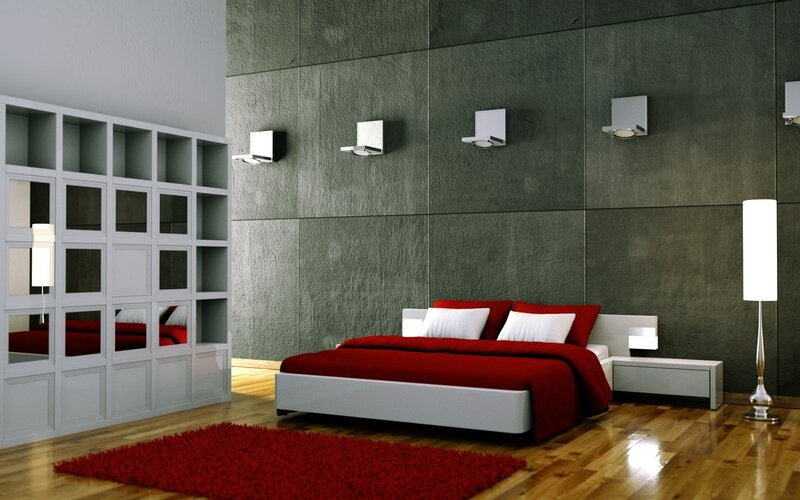 Modern Bedroom Interior — Red, Minimalist, 3d Render
