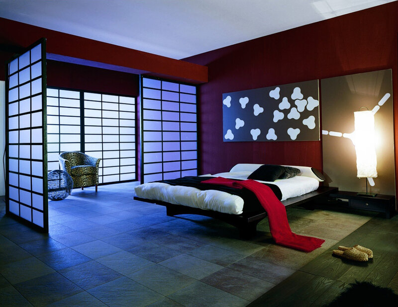 Modern Bedroom Interior — Red, Serene, Night