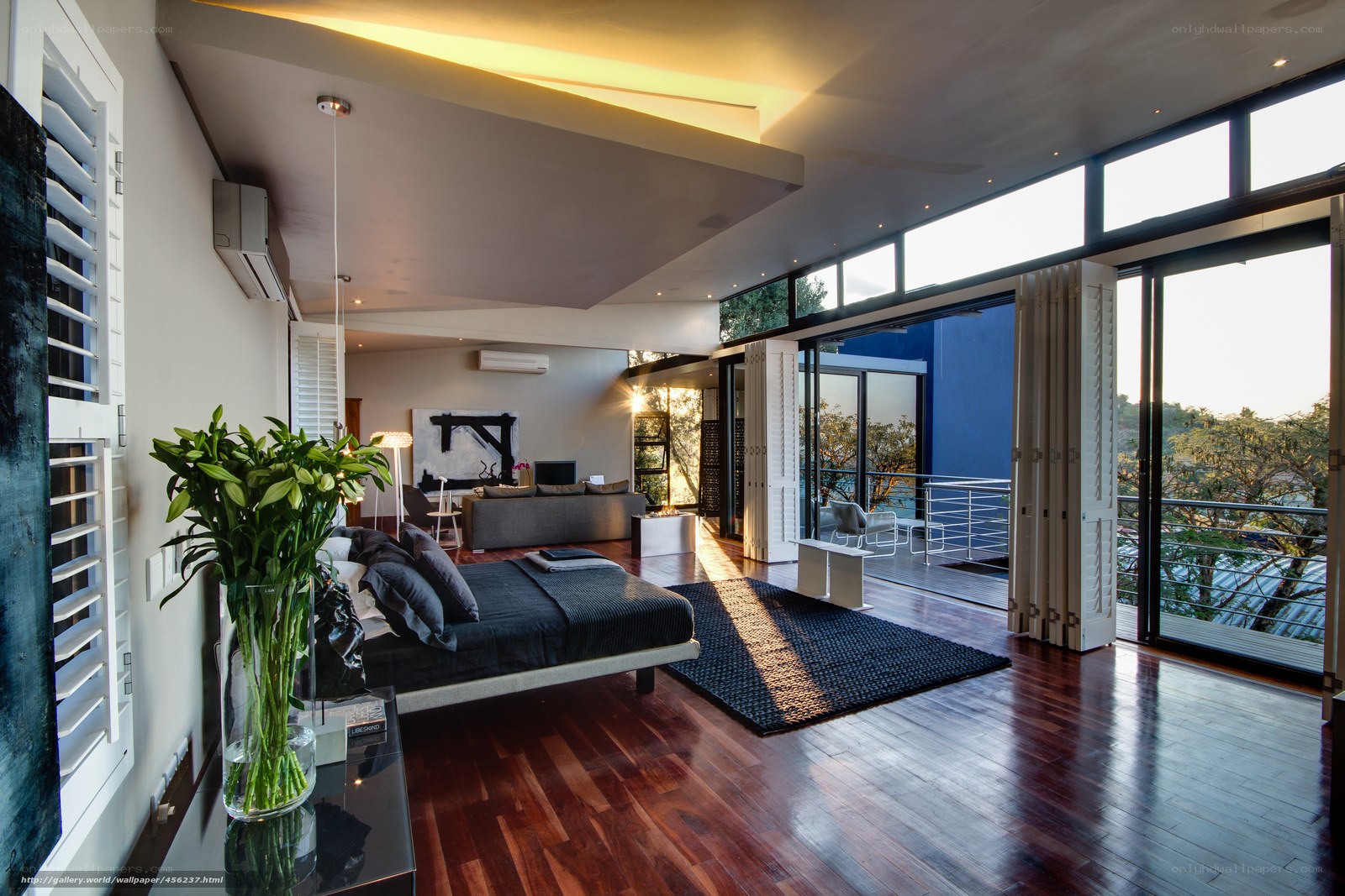 Modern bedroom with balcony view