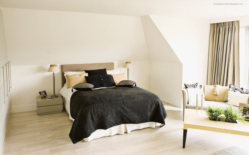 Modern bedroom with black and beige decor