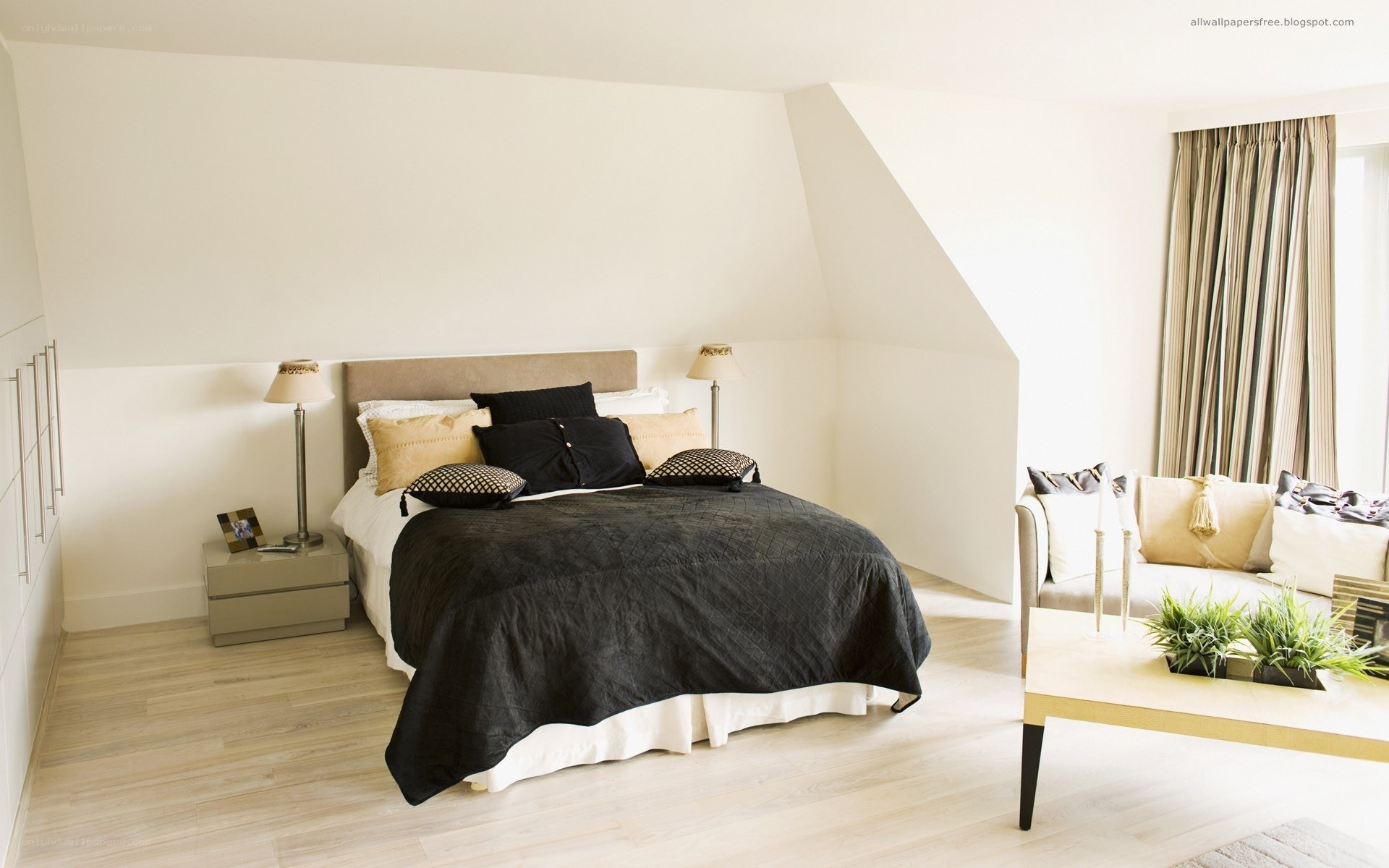 Modern bedroom with black and beige decor