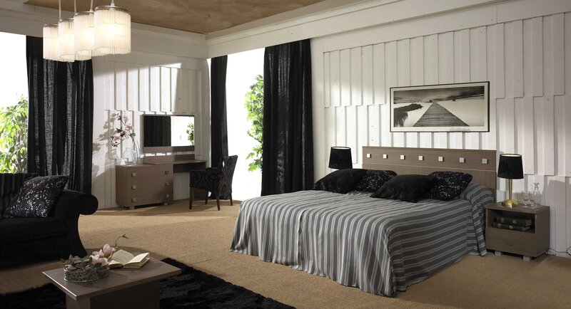 modern bedroom with black and white decor
