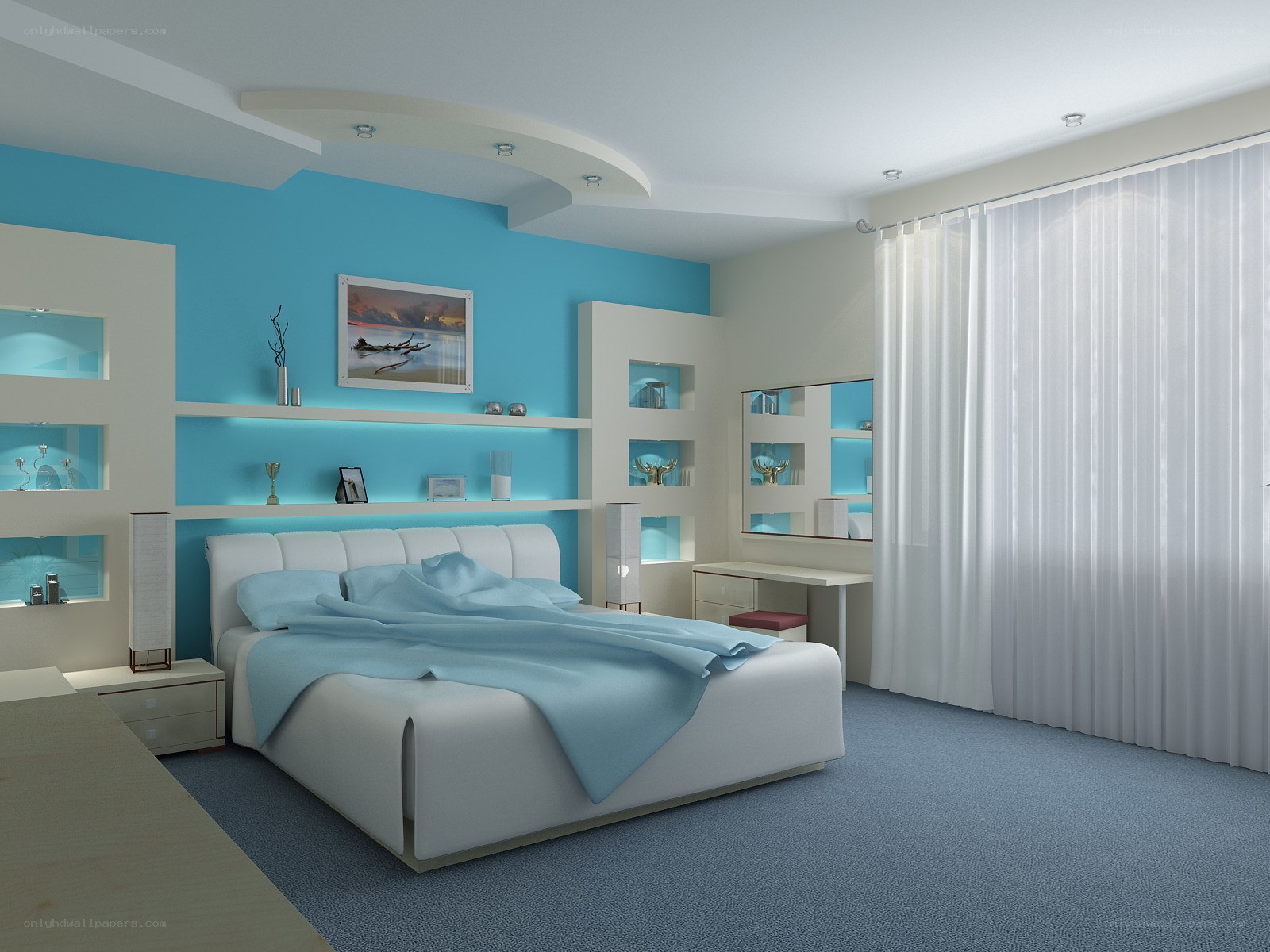 modern bedroom with blue accent wall
