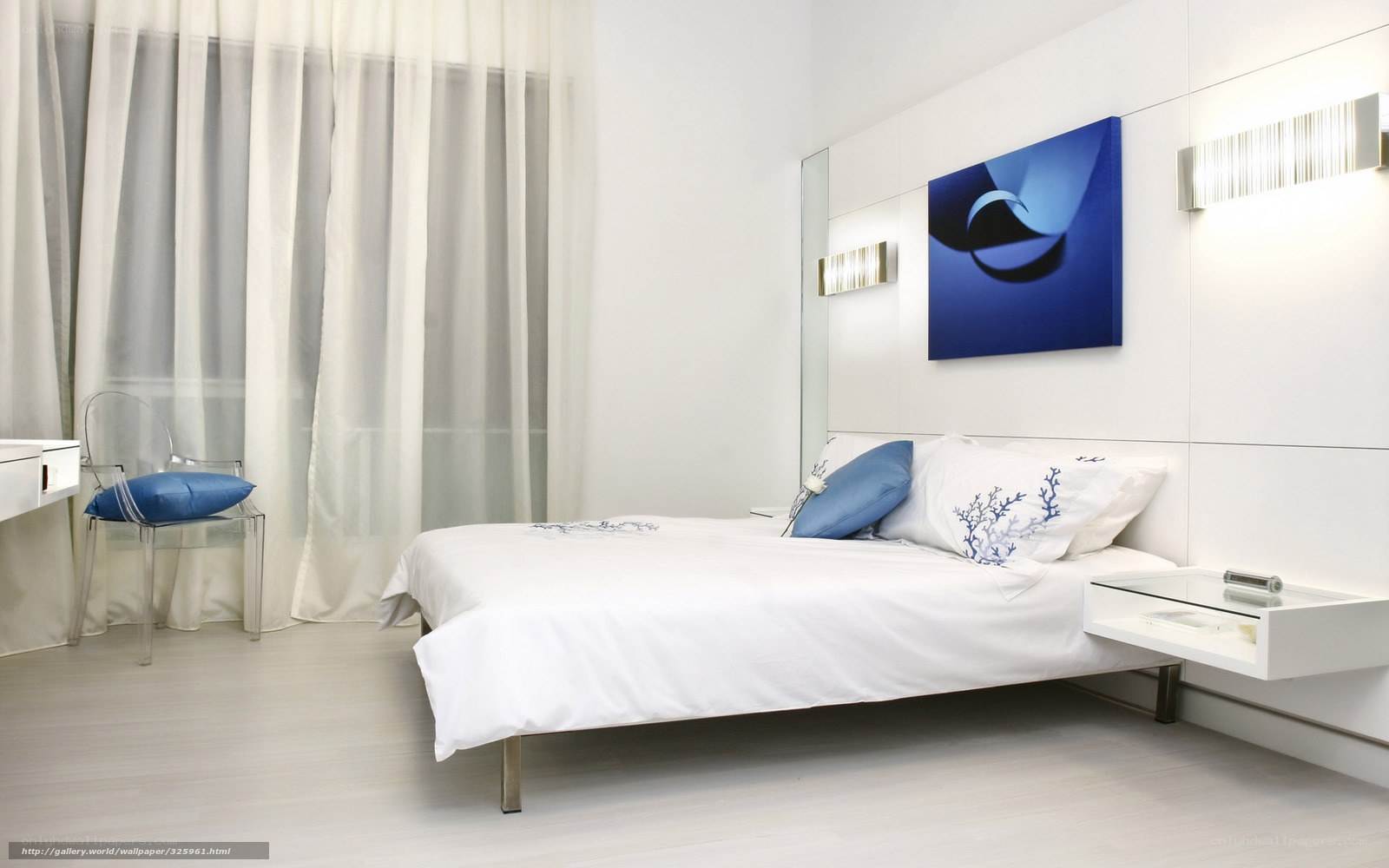 Modern bedroom with blue art