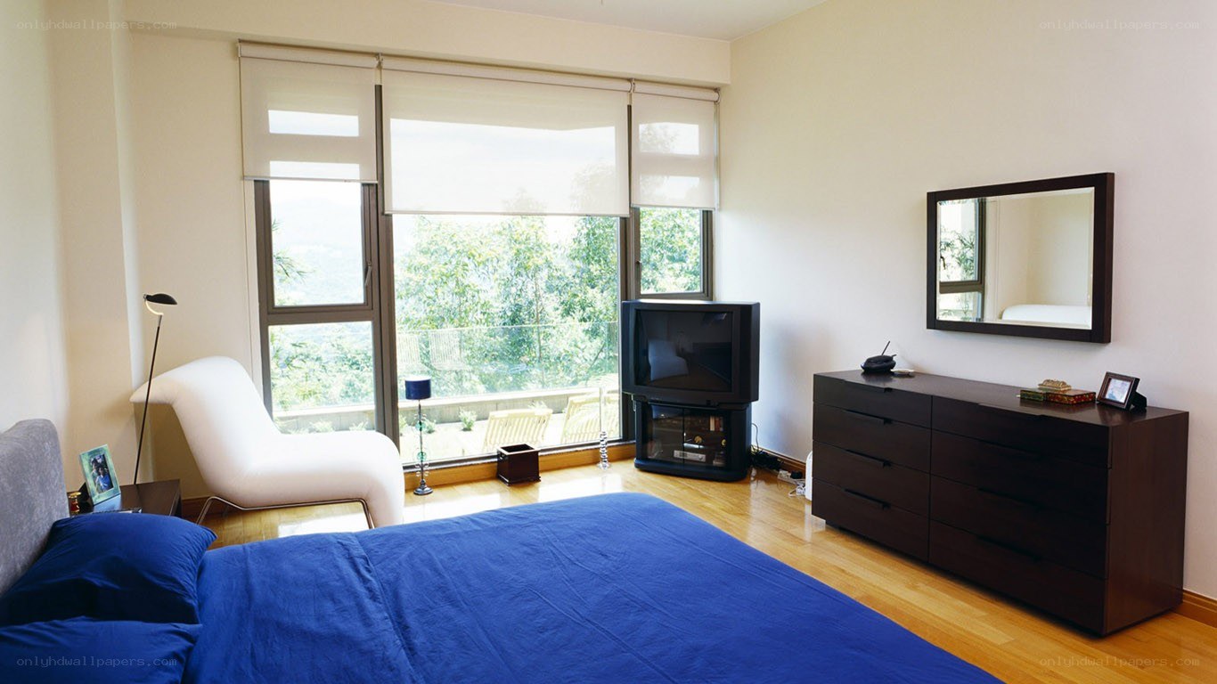 Modern bedroom with blue bed