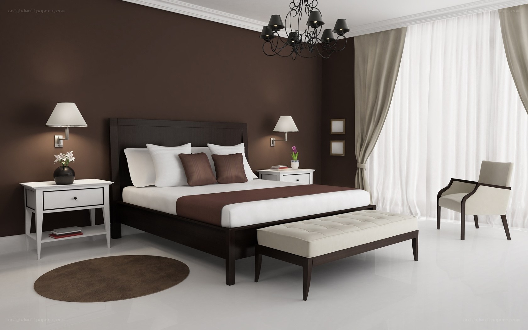Modern bedroom with brown walls