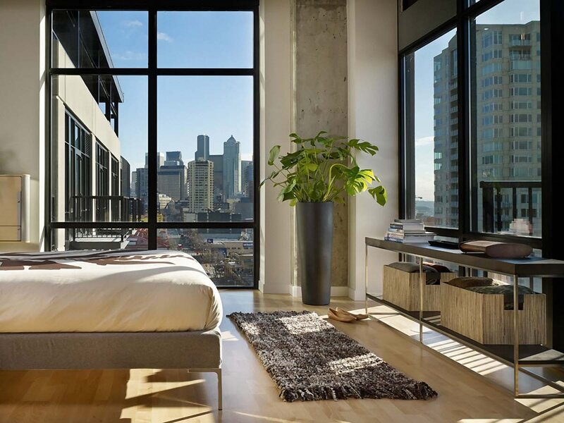 Modern bedroom with city view