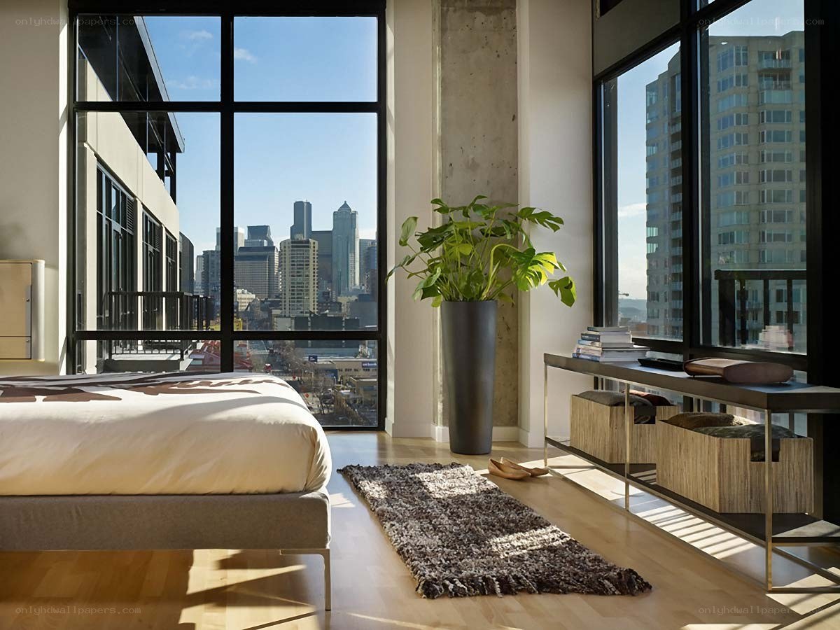 Modern bedroom with city view