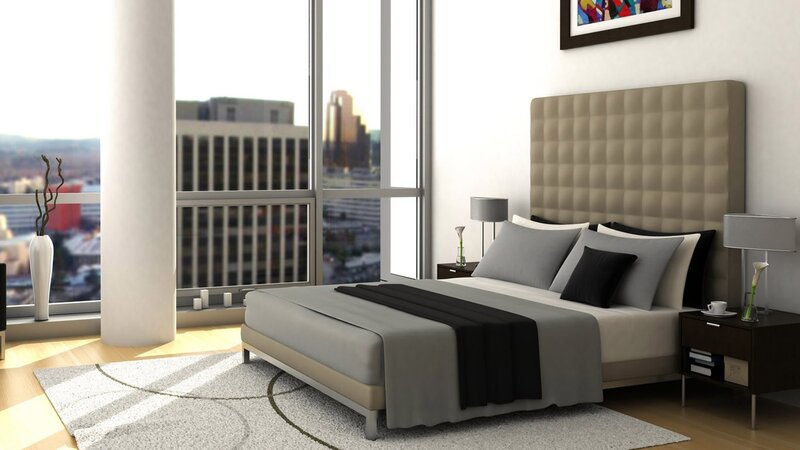 Modern bedroom with city view