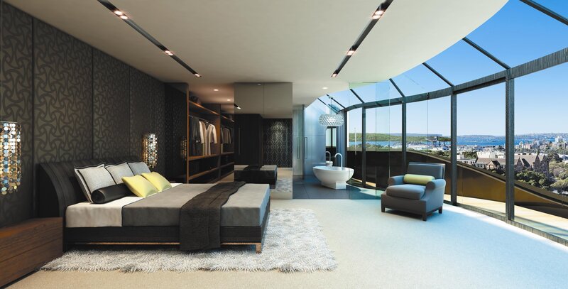 Modern Bedroom with City View — Black, Serene