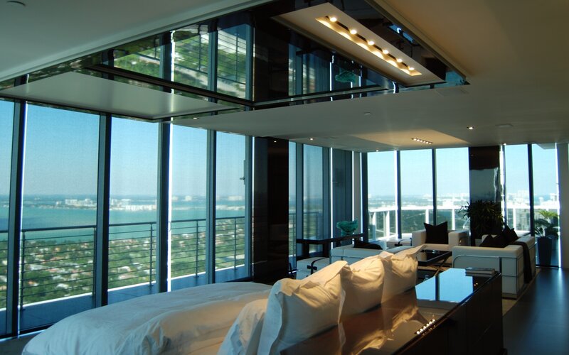 Modern Bedroom with City View — White, Serene, Afternoon, Photograph