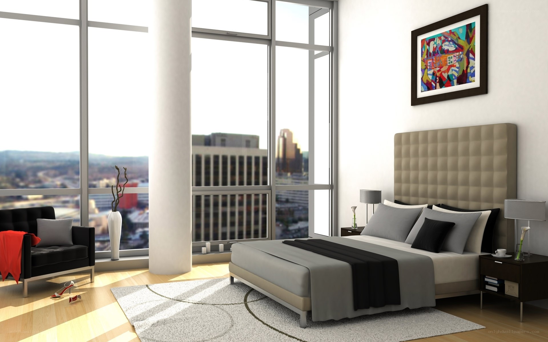 Modern bedroom with city view