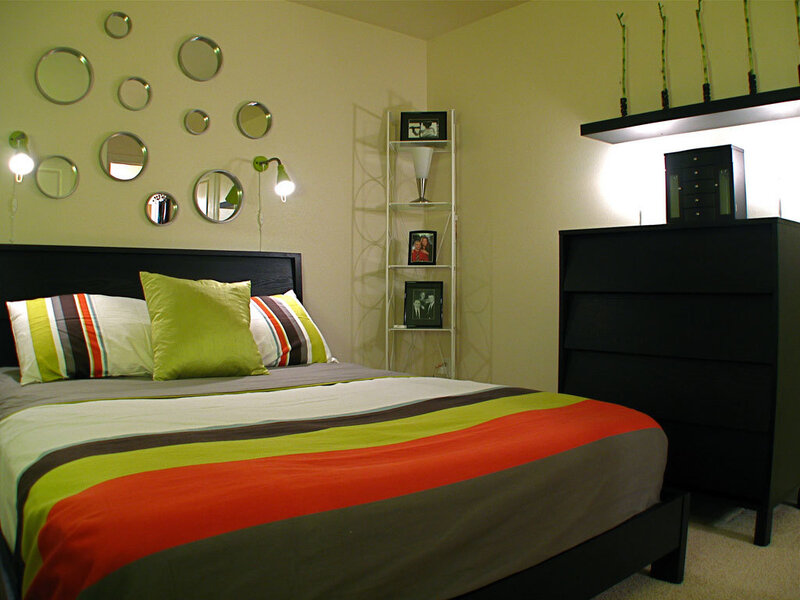modern bedroom with colorful bedding