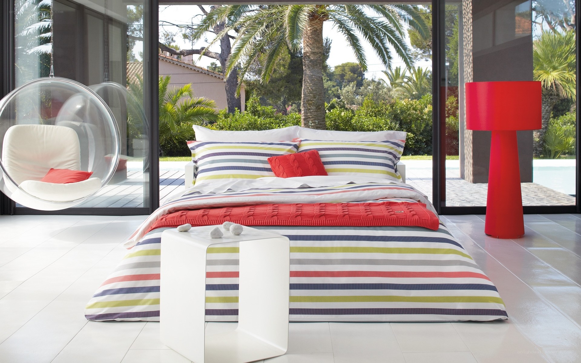 Modern bedroom with colorful bedding