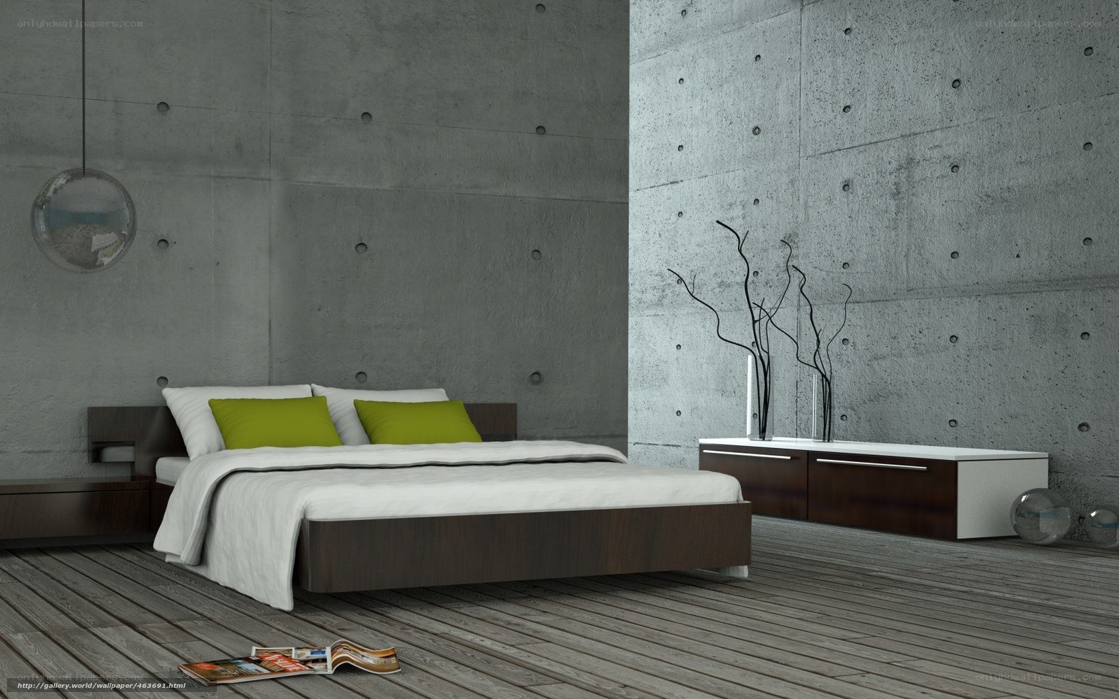 modern bedroom with concrete walls