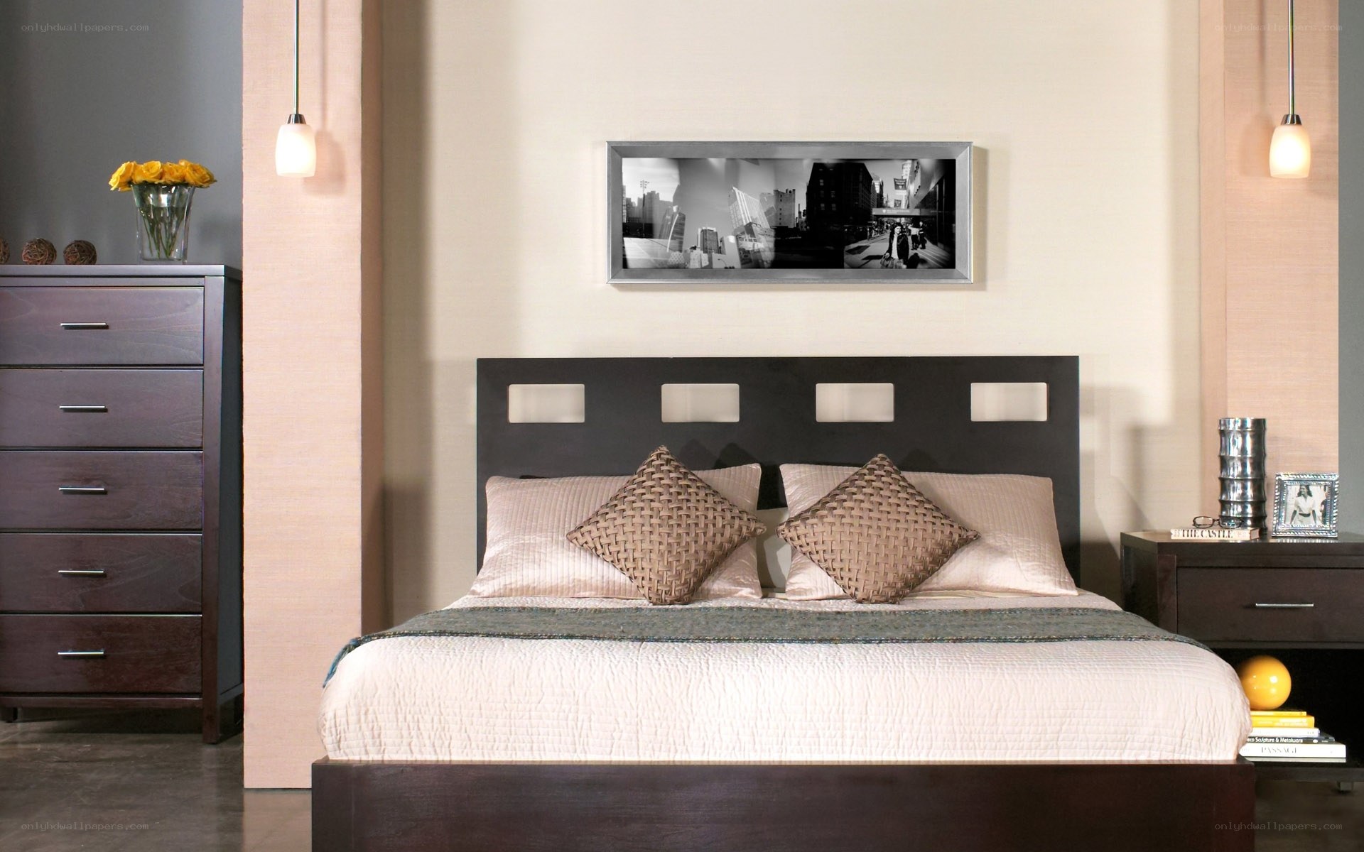 modern bedroom with dark furniture