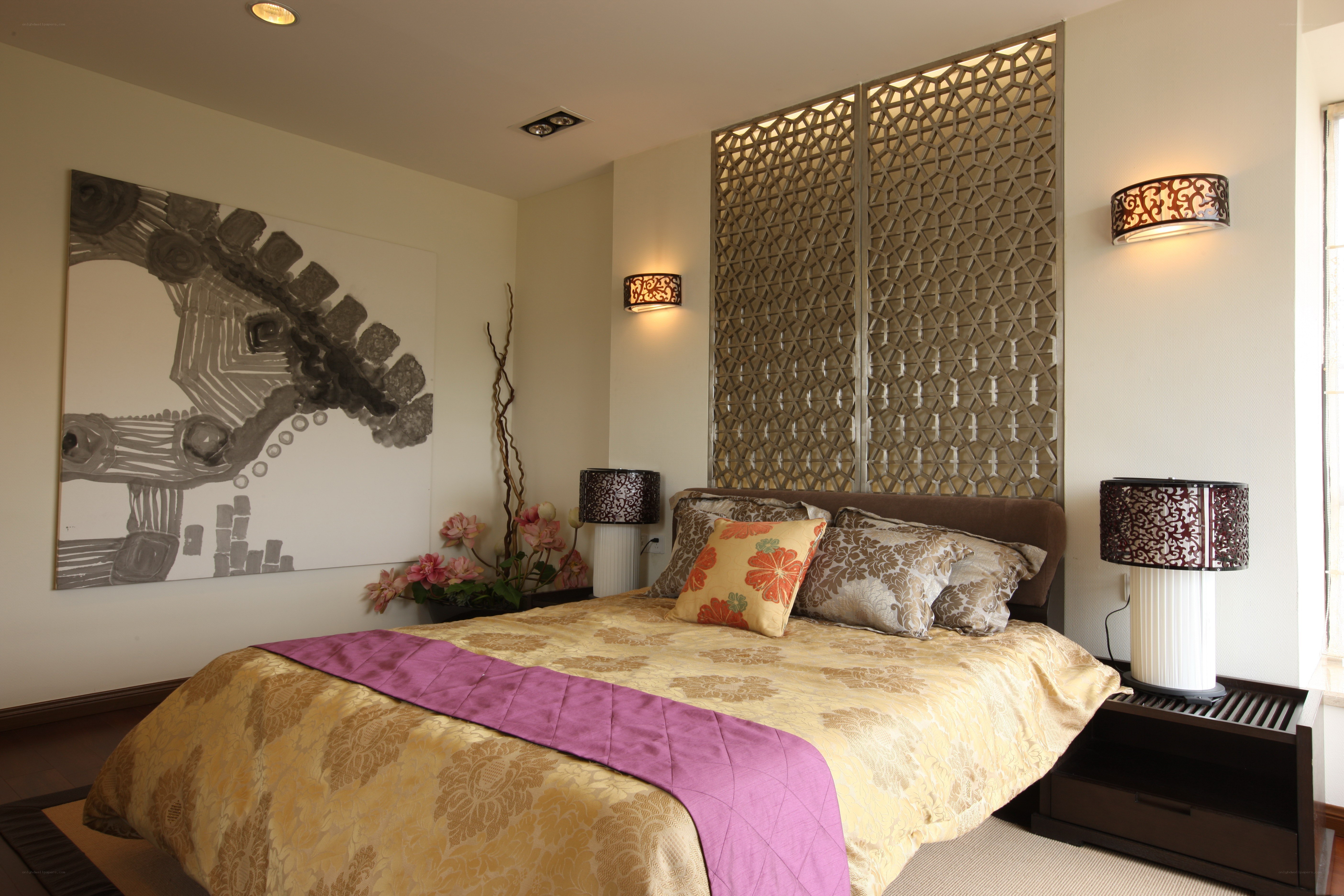 Modern bedroom with decorative headboard