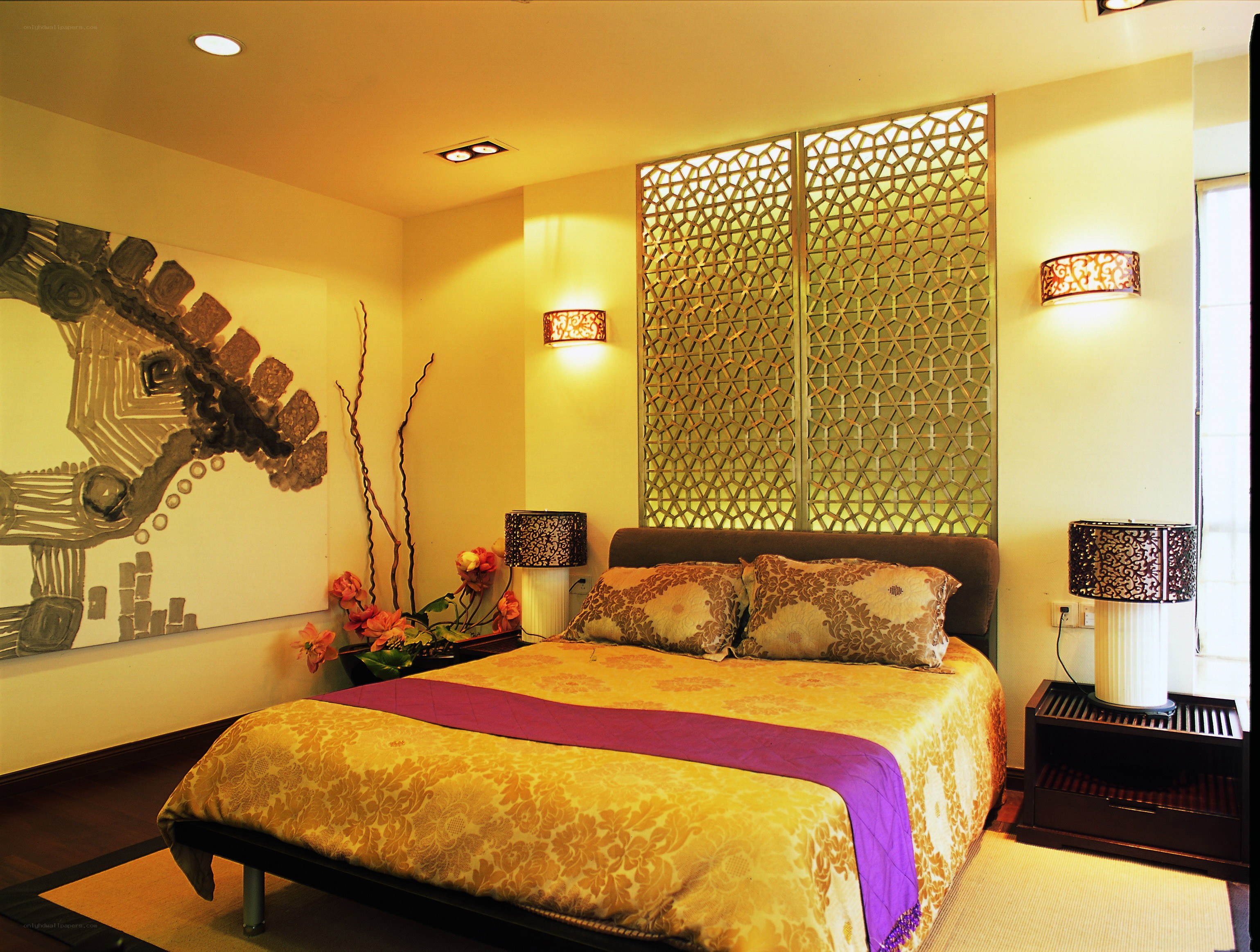 Modern bedroom with decorative screen