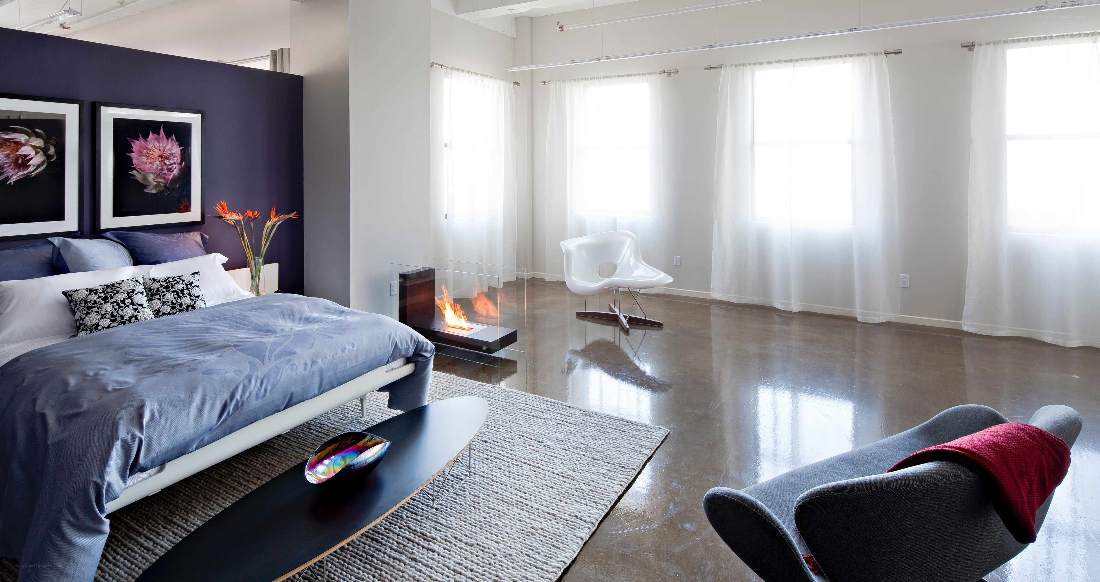 Modern bedroom with fireplace