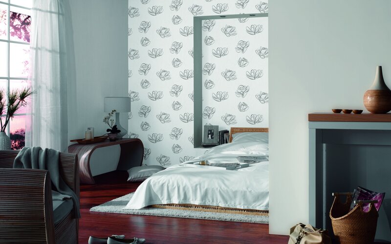 Modern bedroom with floral wallpaper