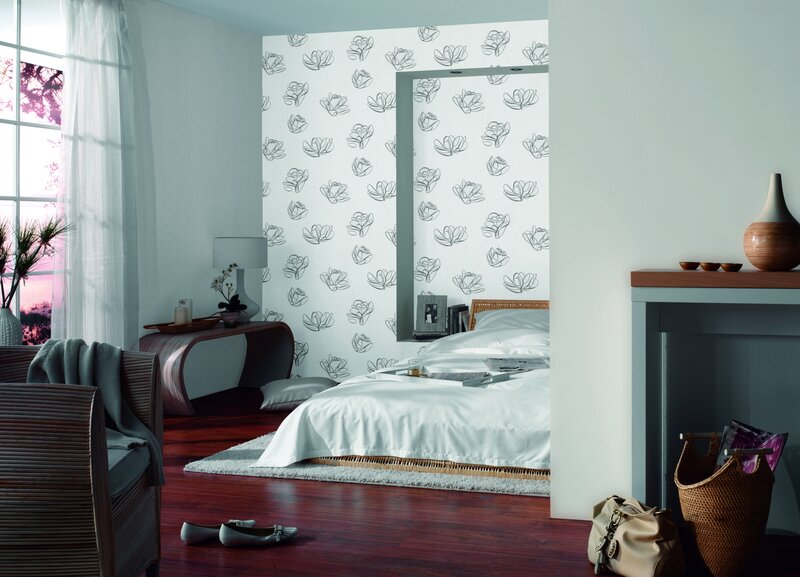 Modern bedroom with floral wallpaper