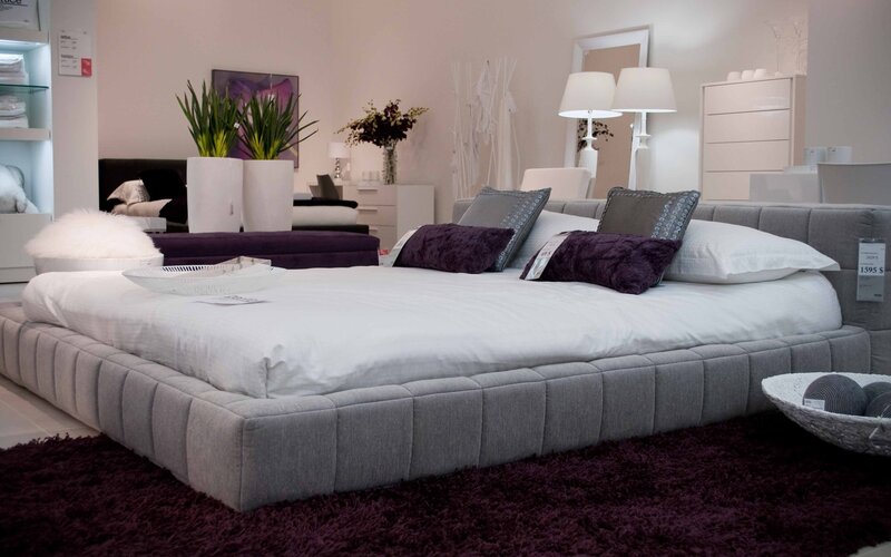 Modern bedroom with gray bed