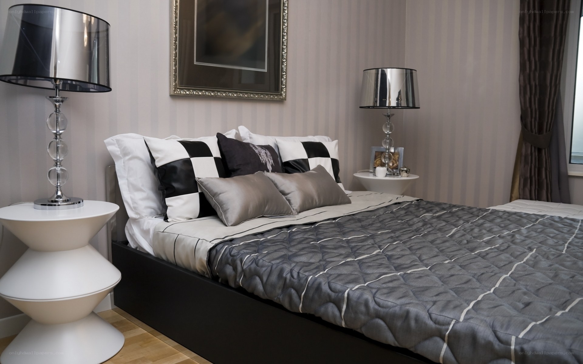 modern bedroom with gray bedding