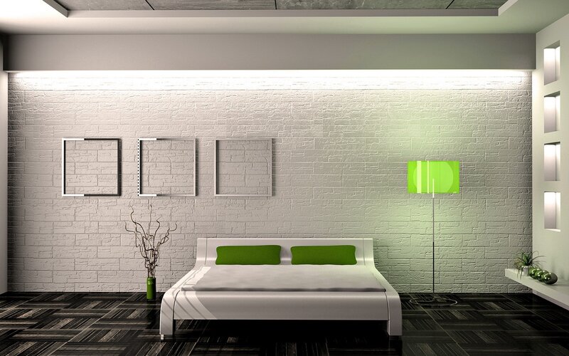 modern bedroom with green accents