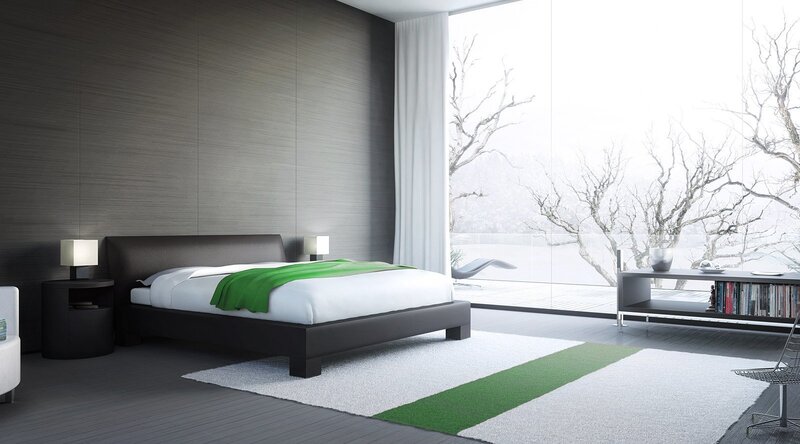Modern bedroom with green accents
