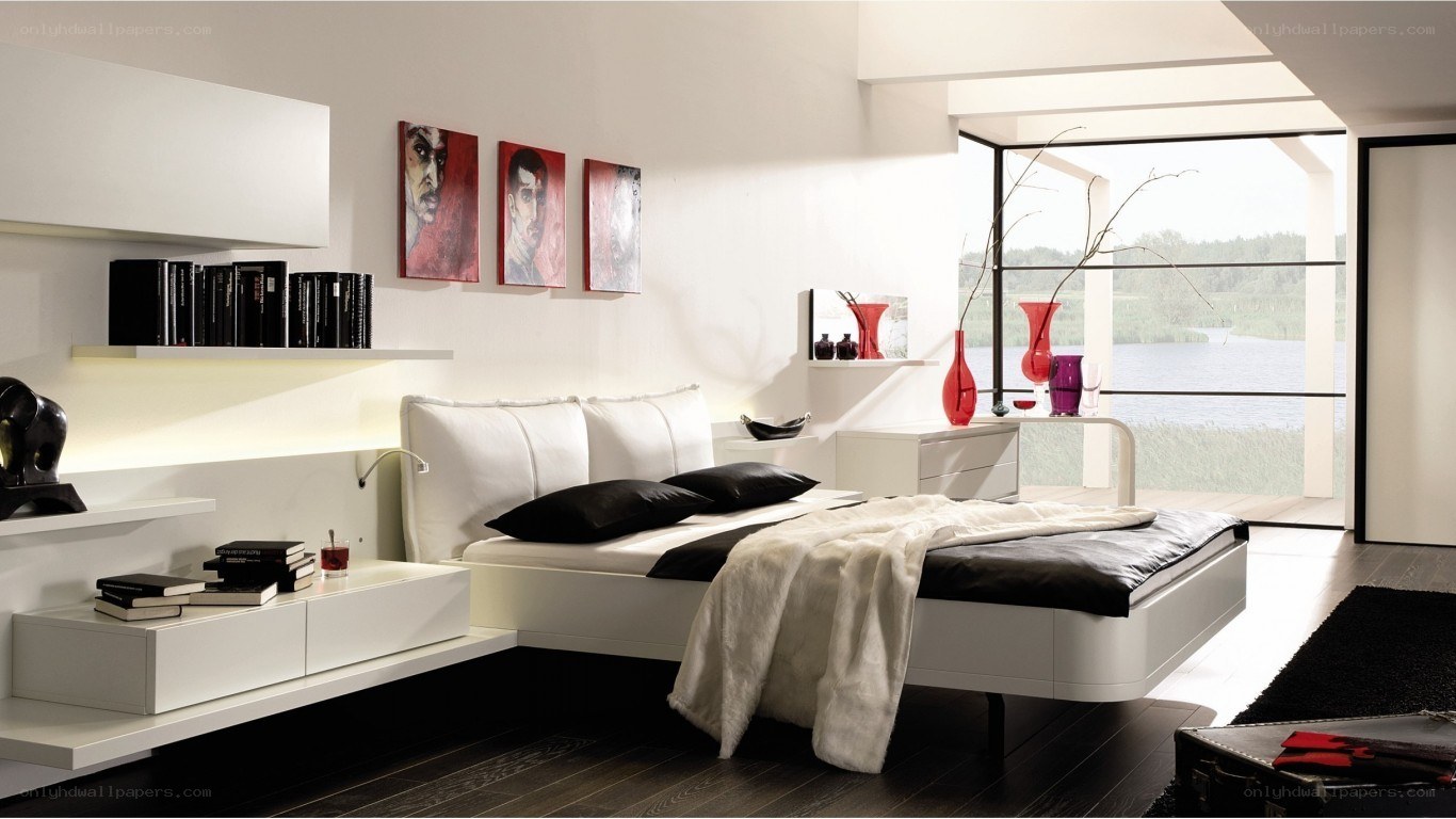 Modern bedroom with lake view