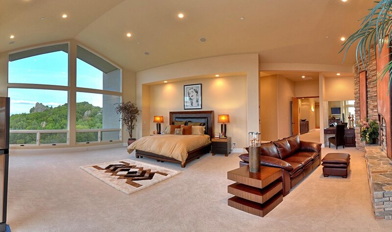 Modern bedroom with mountain view