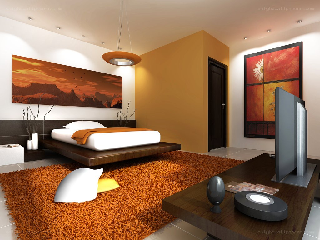 modern bedroom with orange accents