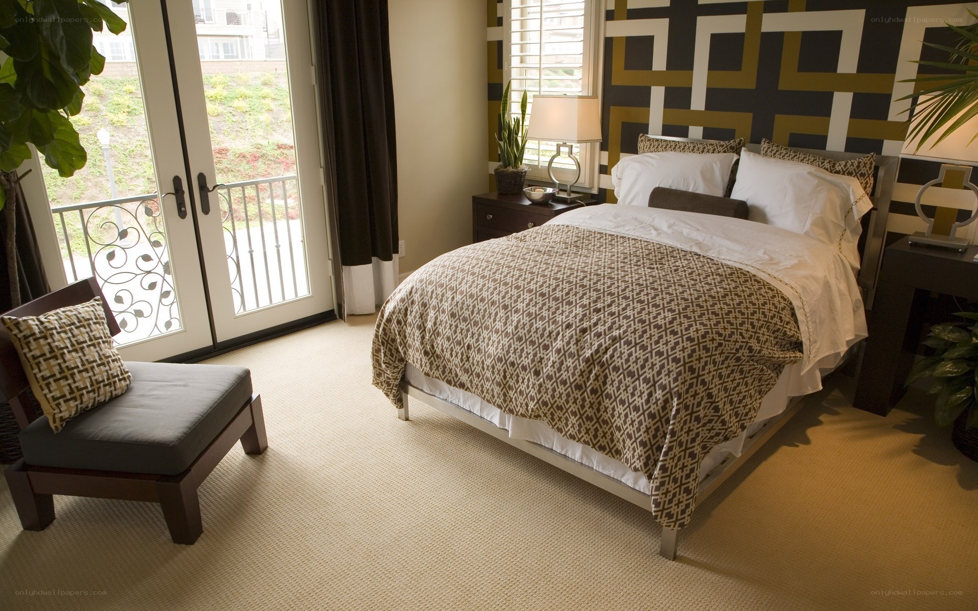 Modern bedroom with patterned decor