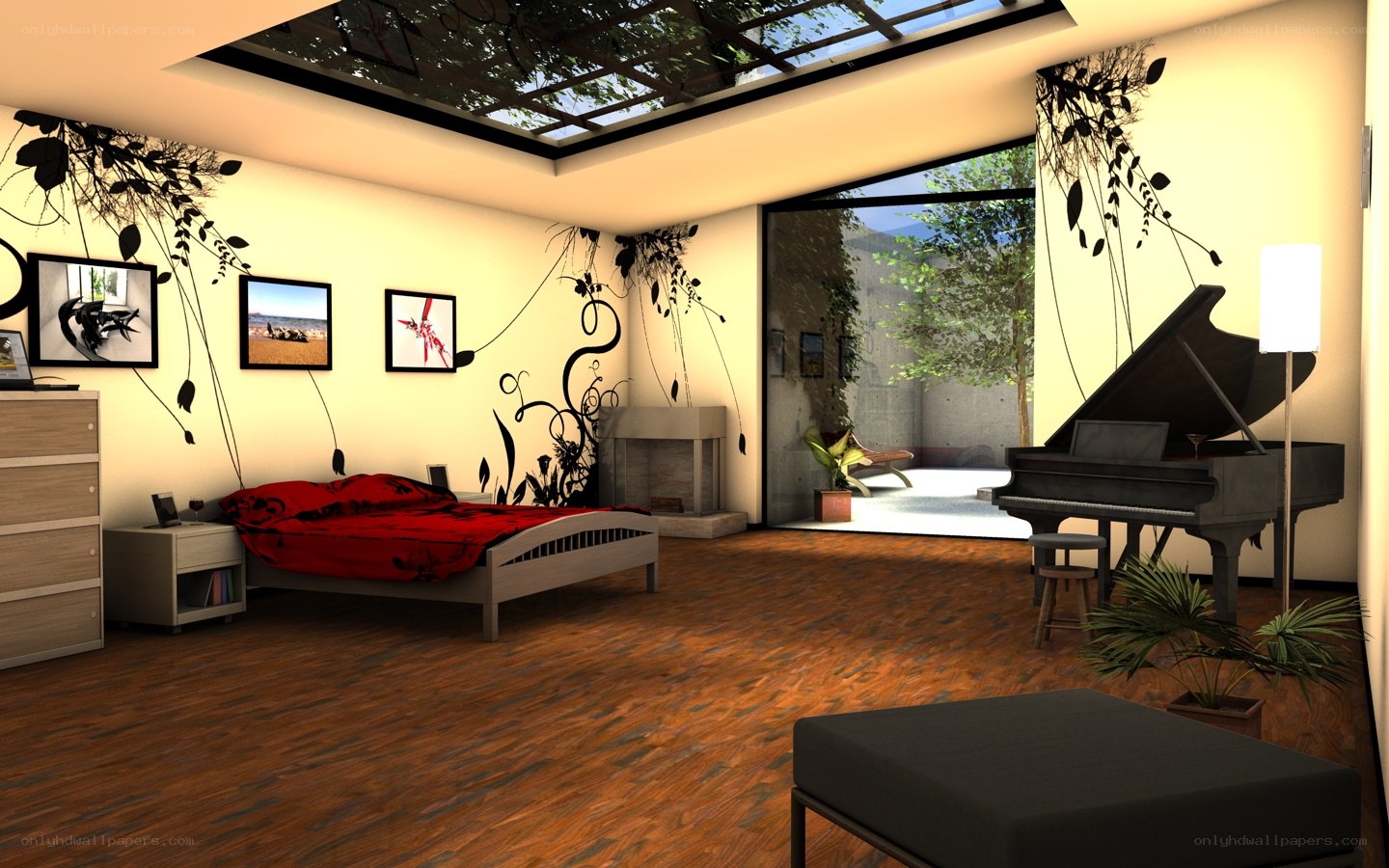 Modern bedroom with piano