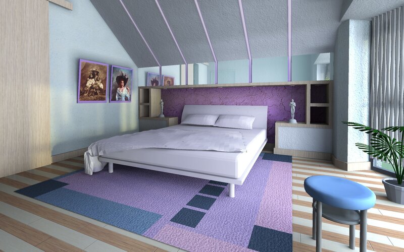 Modern bedroom with purple accents