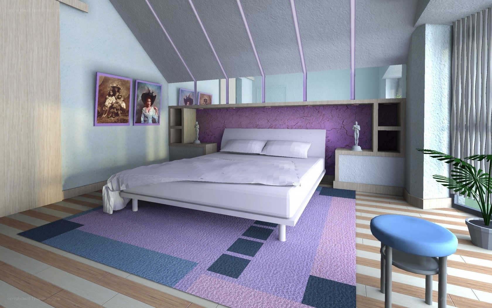 Modern bedroom with purple accents