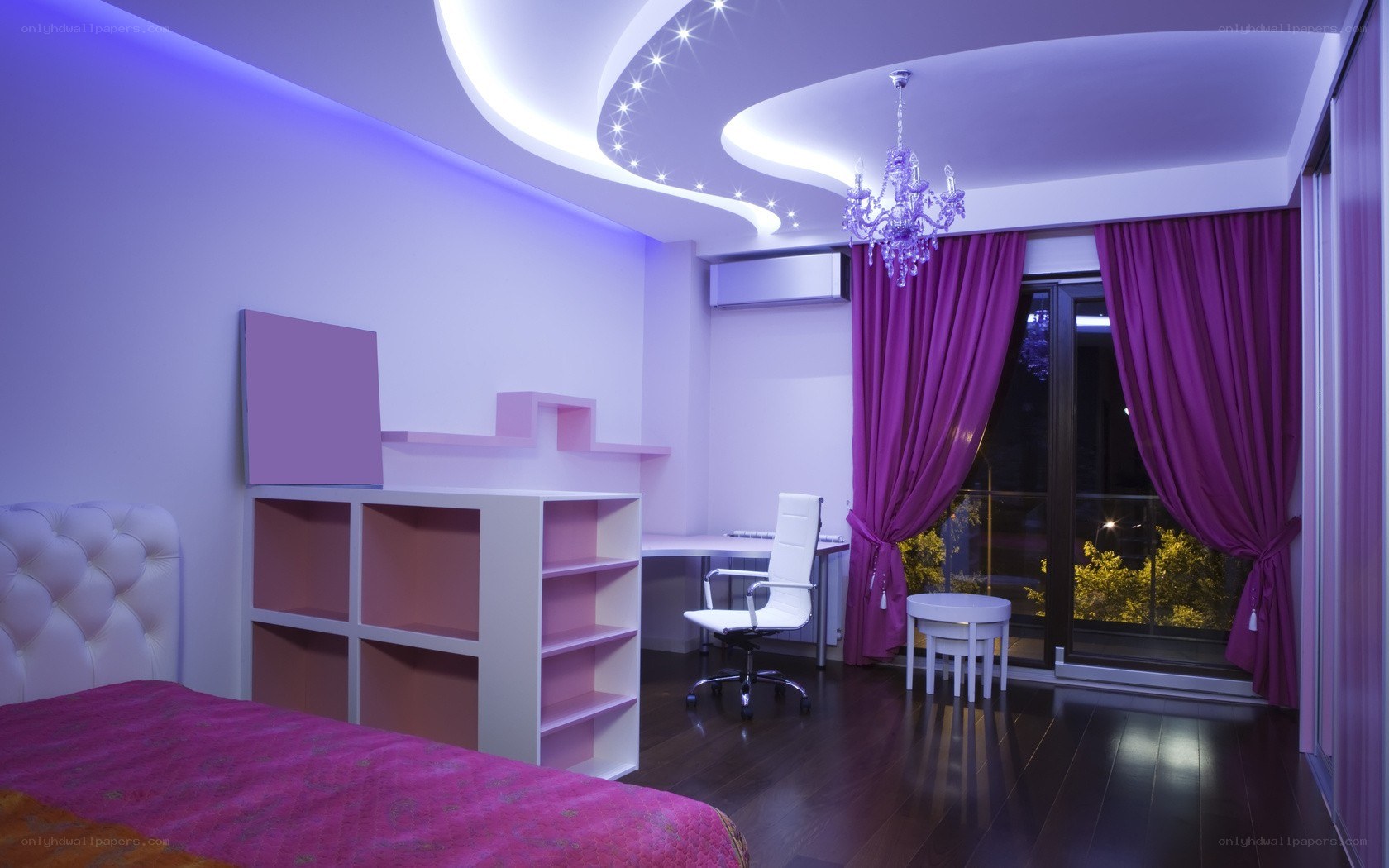 Modern bedroom with purple lighting