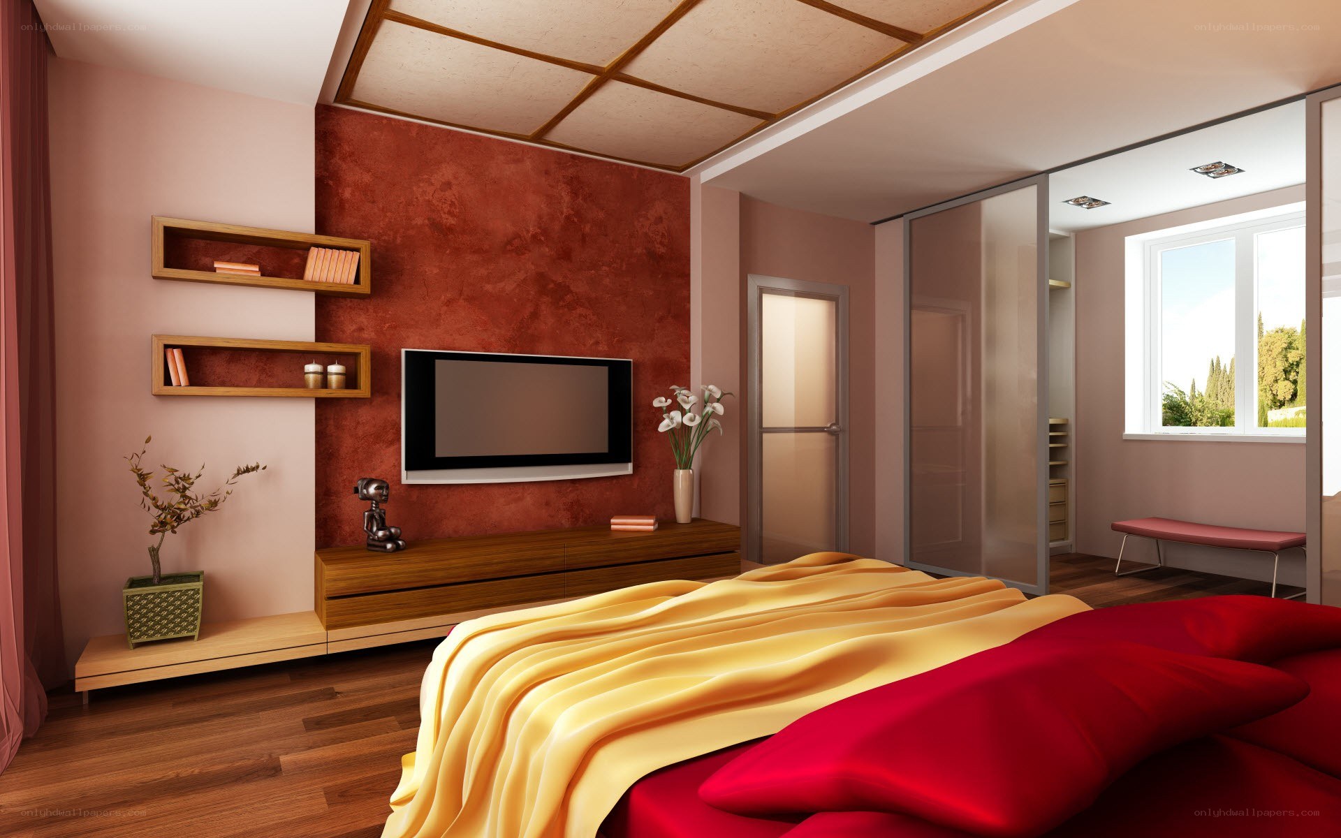 Modern bedroom with red accent wall