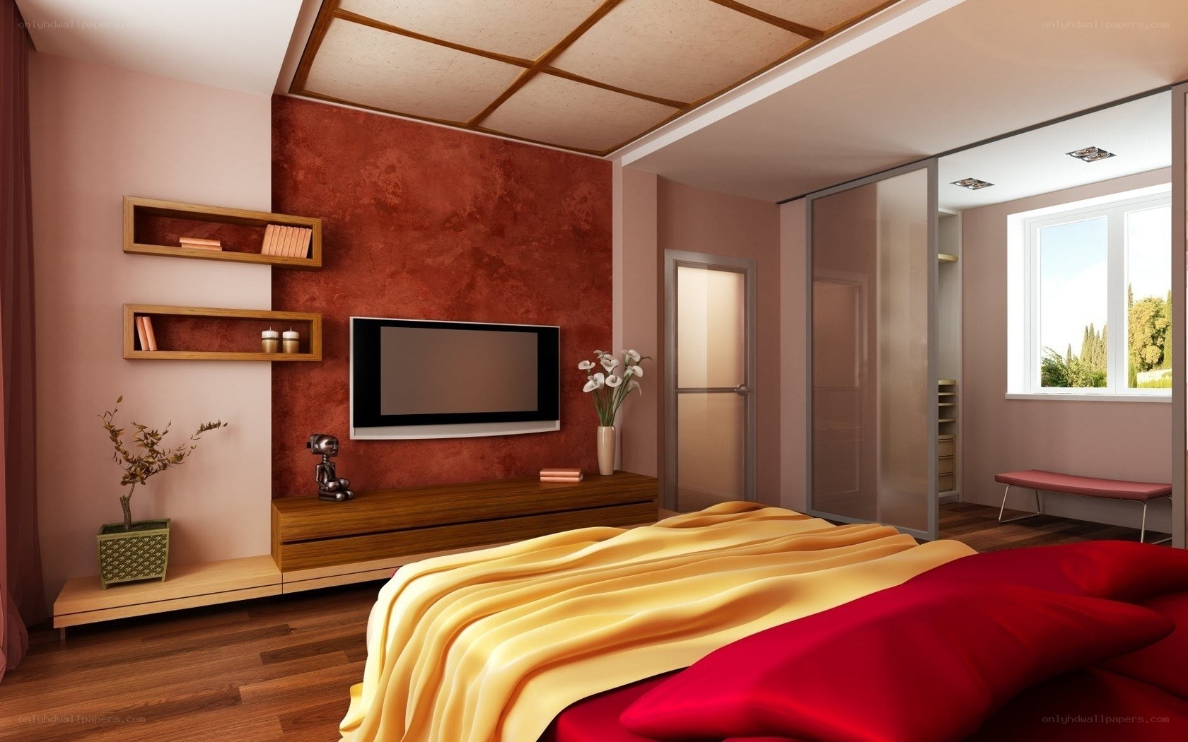 Modern bedroom with red accent wall