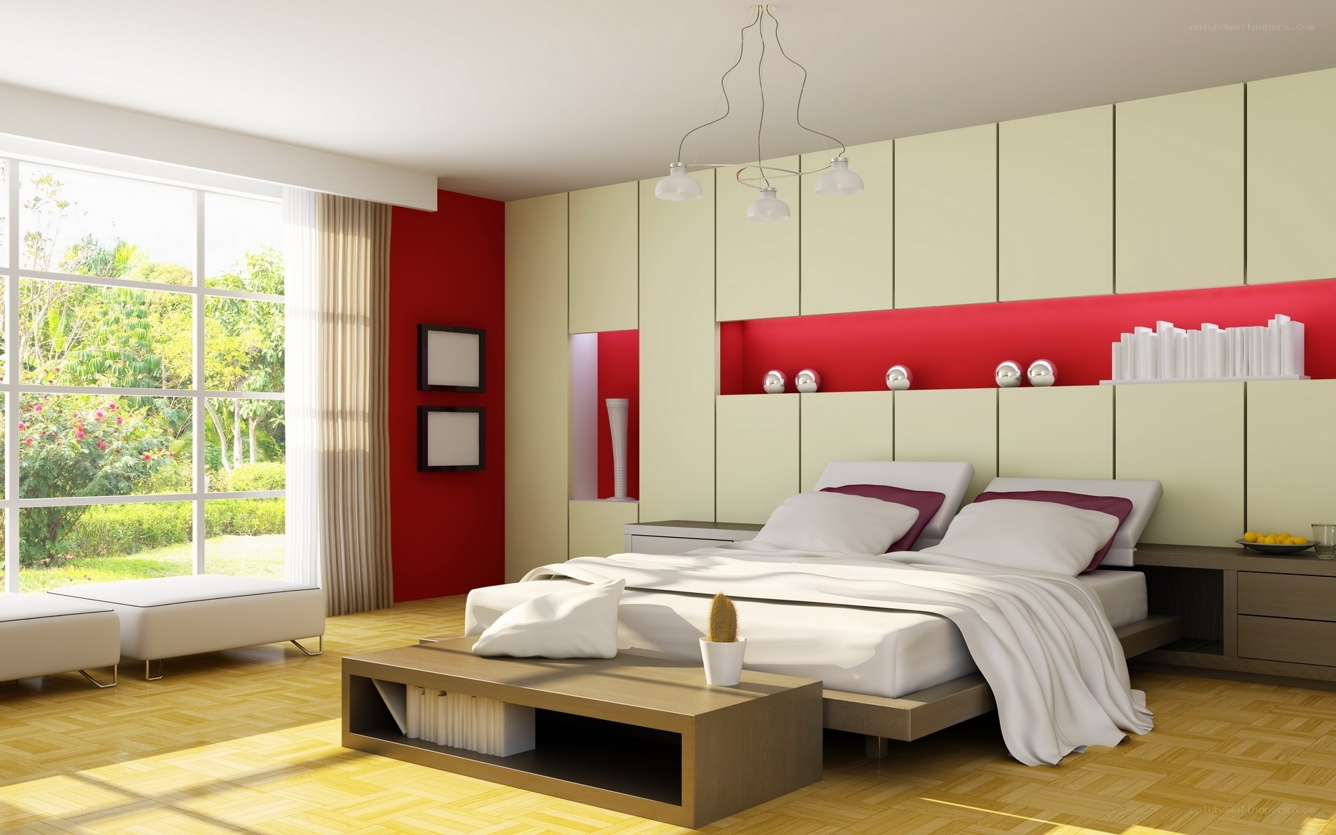 Modern bedroom with red accent