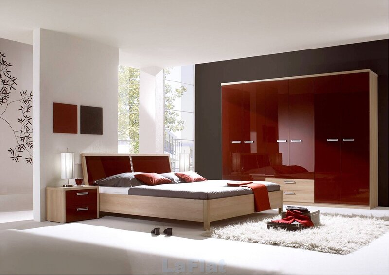 Modern bedroom with red accents