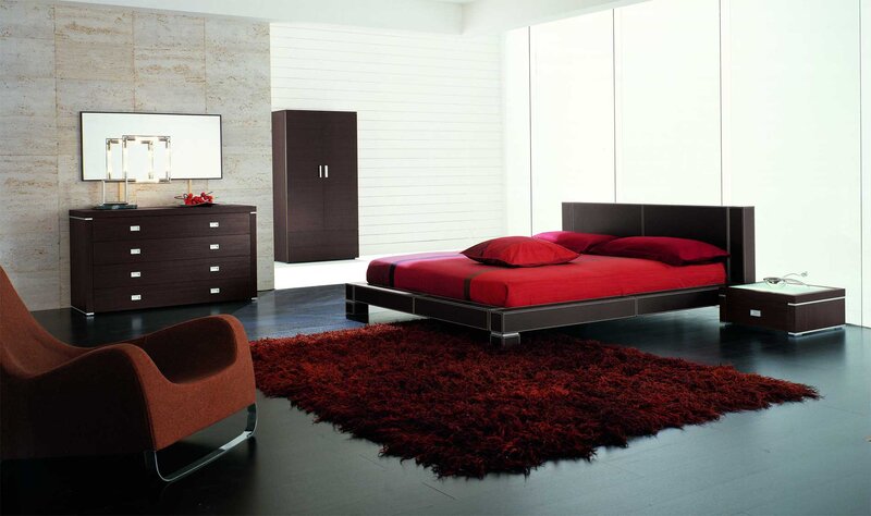 Modern bedroom with red accents